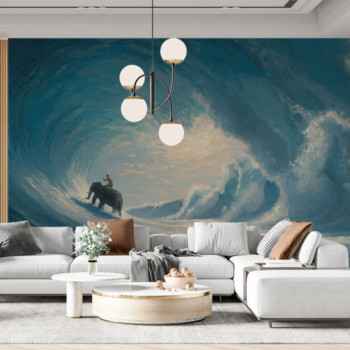 Living room with a large wall mural of elephants and a person on a wave.
