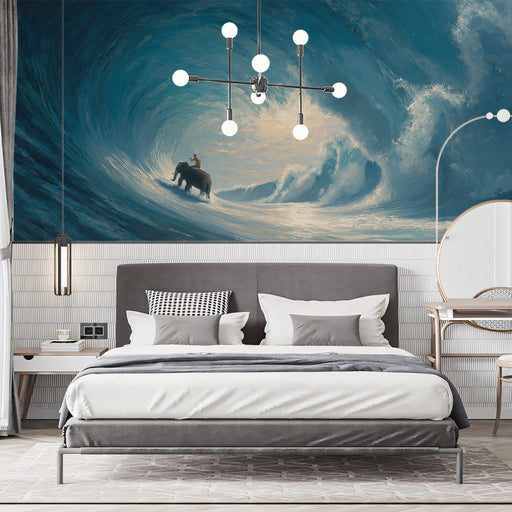Modern bedroom with a large abstract wall mural of an elephant and person in a wave.