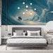 Modern bedroom with a large abstract wall mural of an elephant and person in a wave.