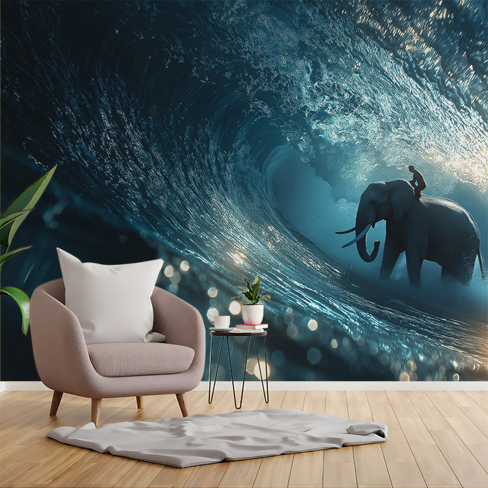 Blue Wave Elephant Ride with Bokeh Effect Mural | Cinematic Close-Up, Bright Sparkles, Cool Tones