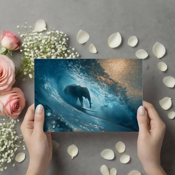 Elephant Surfing Solo in Wave Tube Mural Wallpaper | Intense Blue, Submerged Perspective, Surreal Action