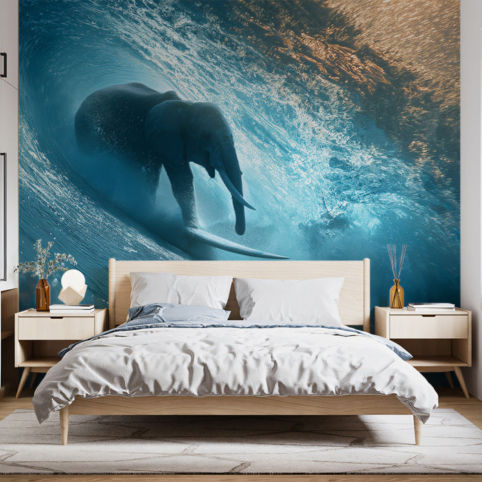 Elephant Surfing Solo in Wave Tube Mural Wallpaper | Intense Blue, Submerged Perspective, Surreal Action