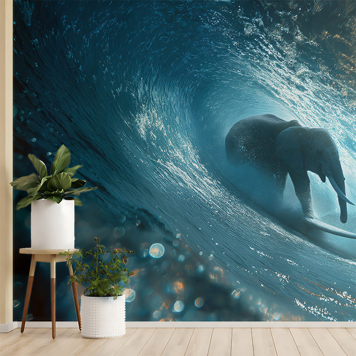 Elephant Surfing Solo in Wave Tube Mural Wallpaper | Intense Blue, Submerged Perspective, Surreal Action