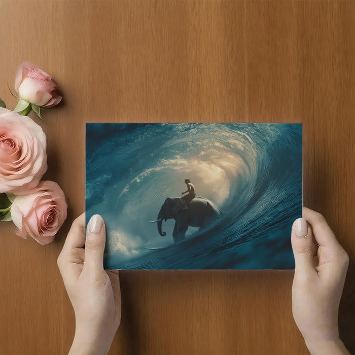Dark Tonal Elephant and Rider in Wave Mural Wallpaper | Moody Teal, Backlit Spray, Powerful Scene