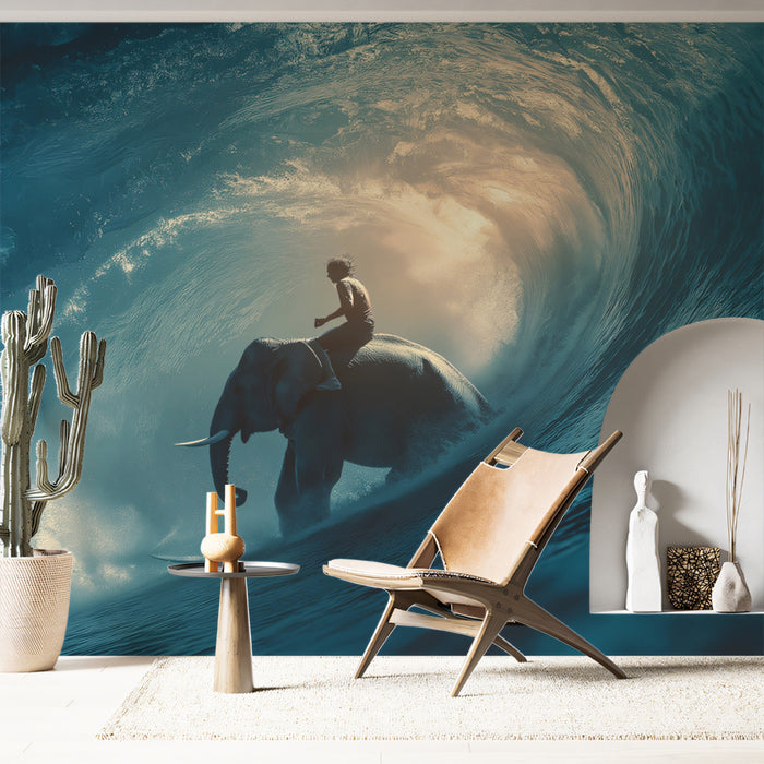 Dark Tonal Elephant and Rider in Wave Mural Wallpaper | Moody Teal, Backlit Spray, Powerful Scene