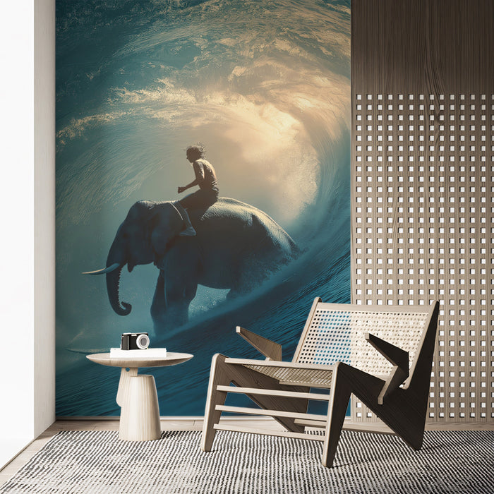 Dark Tonal Elephant and Rider in Wave Mural Wallpaper | Moody Teal, Backlit Spray, Powerful Scene