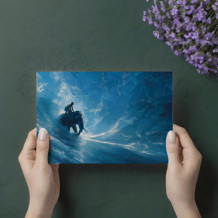 Person holding a postcard with an elephant and person in blue water painting against a dark green background with lavender flowers.