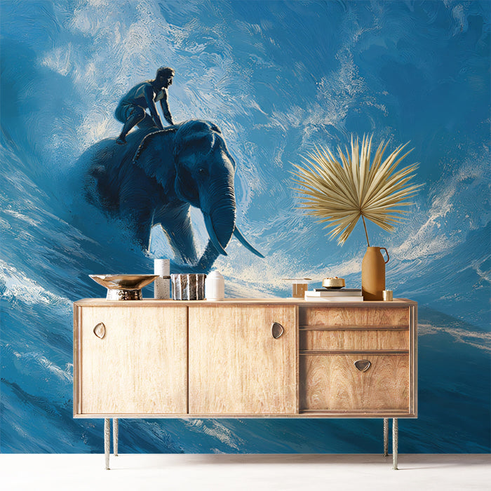Wooden sideboard against a blue abstract wall with an elephant and person mural.