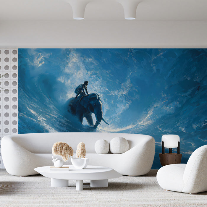 Modern living room with a large abstract painting of an elephant and person on a blue wave.