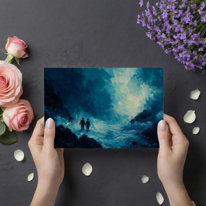 Silhouettes in Dark Water Gorge Mural Wallpaper | Moody Blue Oil Painting, Symbolic Journey, High Contrast