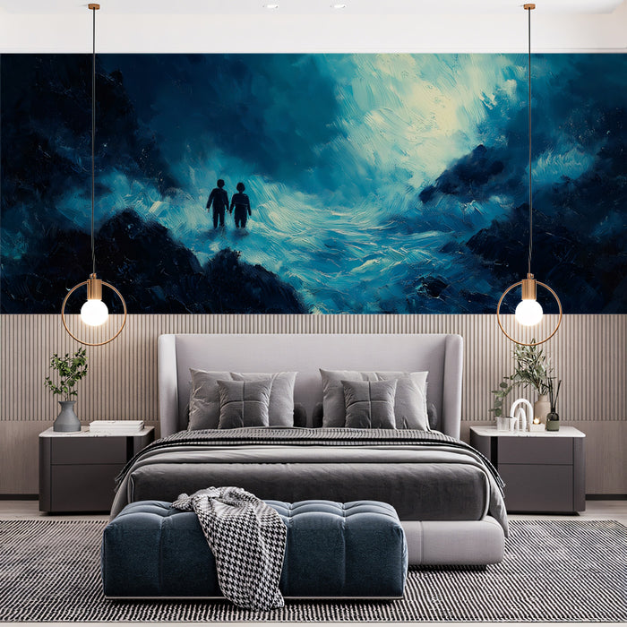 Silhouettes in Dark Water Gorge Mural Wallpaper | Moody Blue Oil Painting, Symbolic Journey, High Contrast
