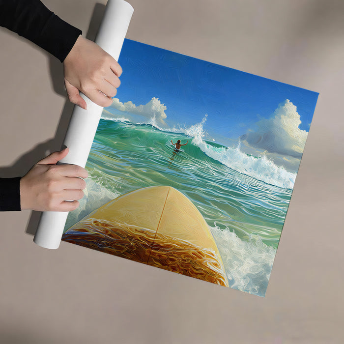 First-Person Surfing Wave Mural Wallpaper | Point of View, Bright Beach, Energetic Ocean Scene