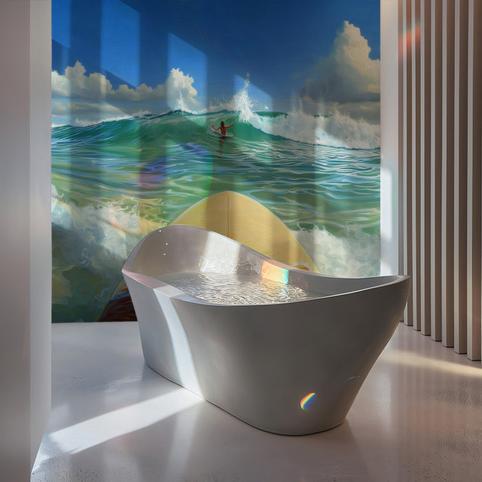 First-Person Surfing Wave Mural Wallpaper | Point of View, Bright Beach, Energetic Ocean Scene