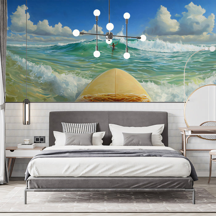 First-Person Surfing Wave Mural Wallpaper | Point of View, Bright Beach, Energetic Ocean Scene