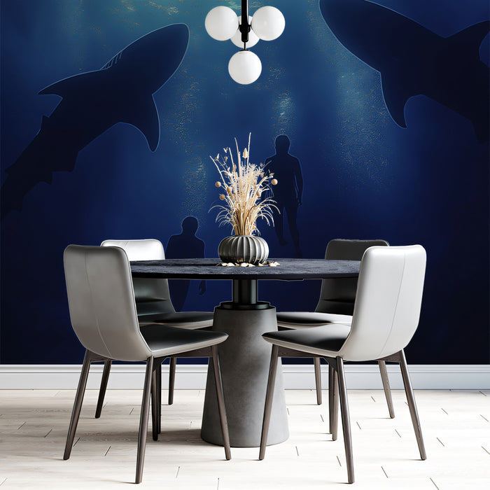 Dining room with shark-themed wall mural and modern furniture.
