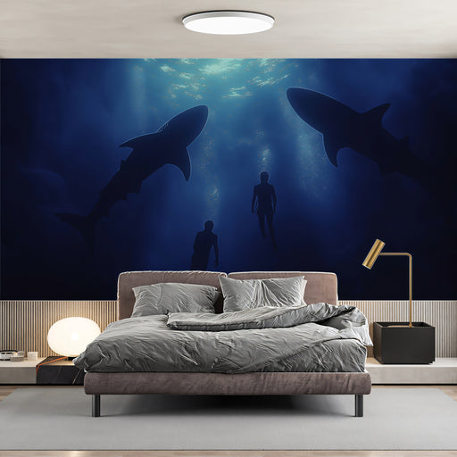 Bedroom with shark and diver wall mural on the wall