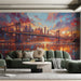 Cityscape Mural Wallpaper in Living Room | Various Colors (Blue, Orange, etc.) of City