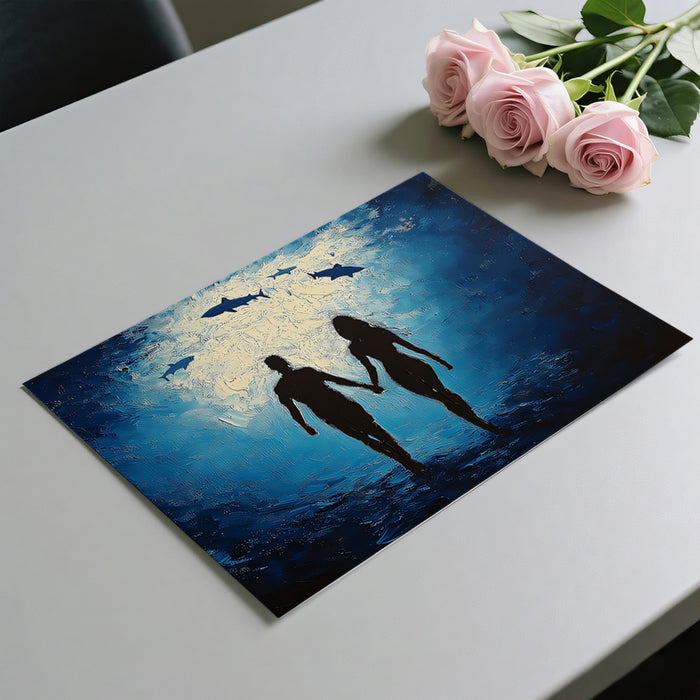 Artistic depiction of two people holding hands with pink roses on a table