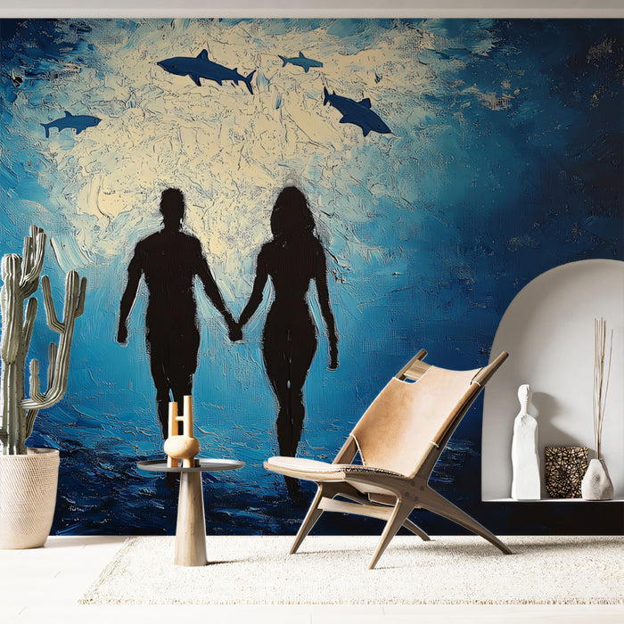 Room interior with a wall mural of a couple holding hands against a blue background, accompanied by sharks.