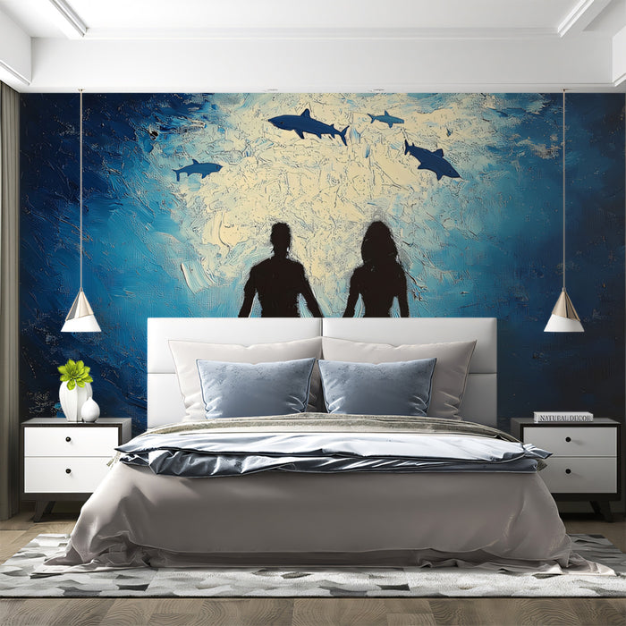 Modern bedroom with a large wall mural of silhouettes and sharks.