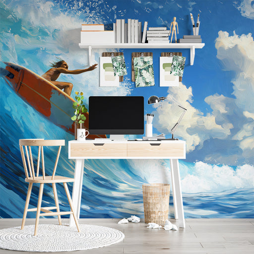Modern office setup with a large wall mural of a surfer on an ocean wave.