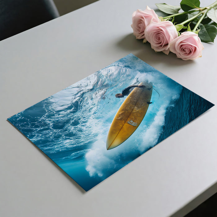 Poster of a surfer on a wave with pink roses on a table