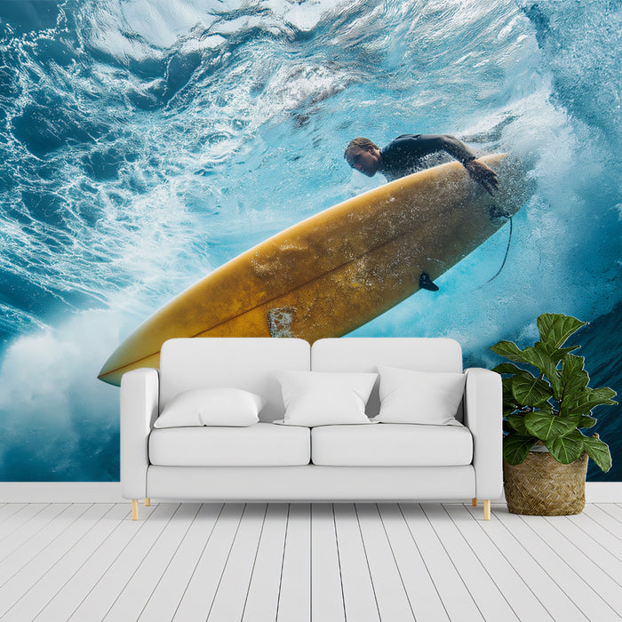 White sofa in a room with a large wall mural of a surfer on a wave.