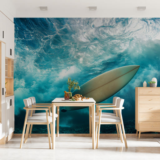 Dining area with a large wall mural of a surfboard and ocean waves.