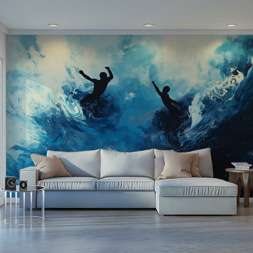 Living room with a large wall mural of two people surfing on waves.