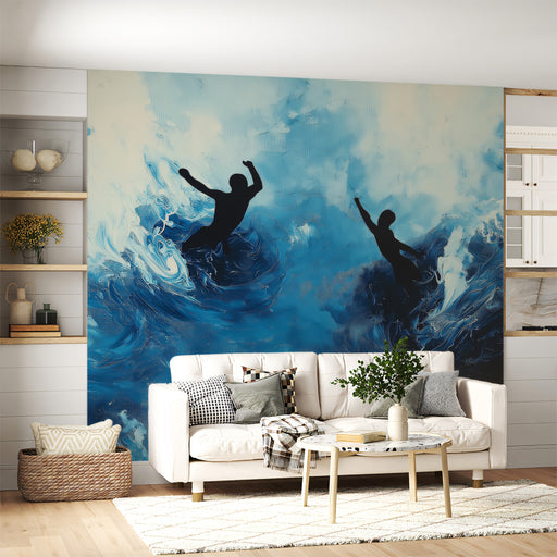 Living room with a large abstract blue painting on the wall