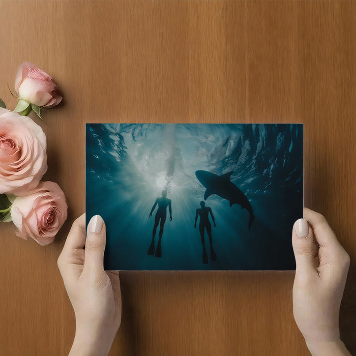 Deep Dive with Shark Silhouette Mural | Minimalist, Dark Blue Water, Cinematic Tension