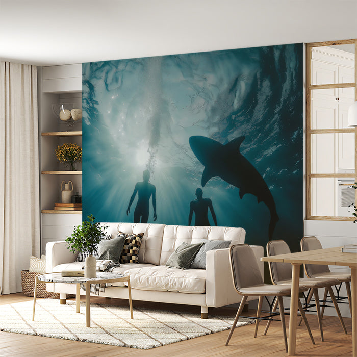 Deep Dive with Shark Silhouette Mural | Minimalist, Dark Blue Water, Cinematic Tension