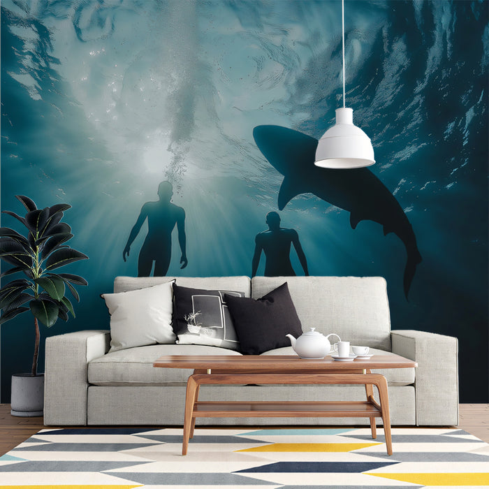 Deep Dive with Shark Silhouette Mural | Minimalist, Dark Blue Water, Cinematic Tension