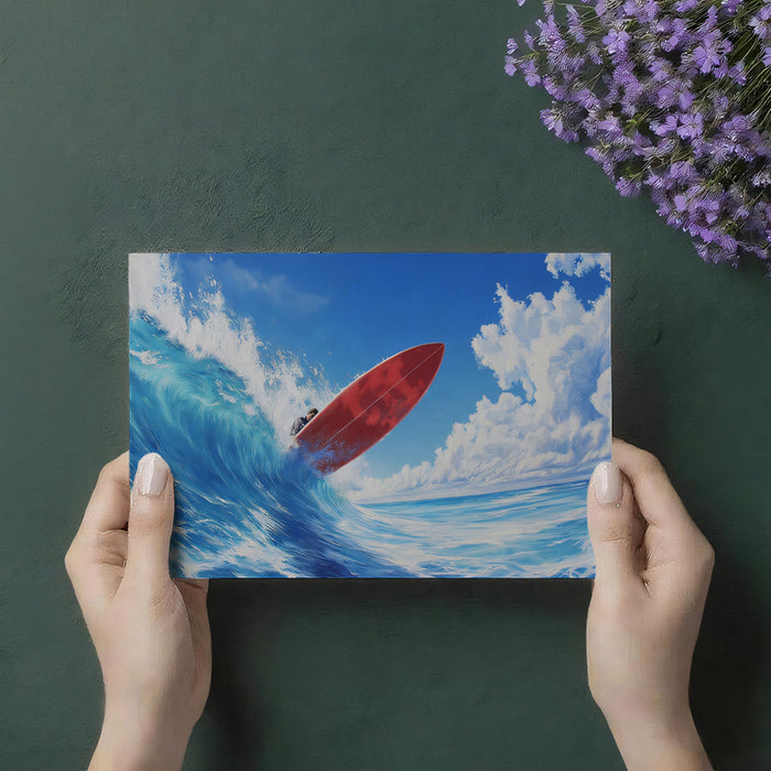 Red Surfboard Wave Crest Mural Wallpaper | High Angle, Bright Blue Sky, Impressionistic Art