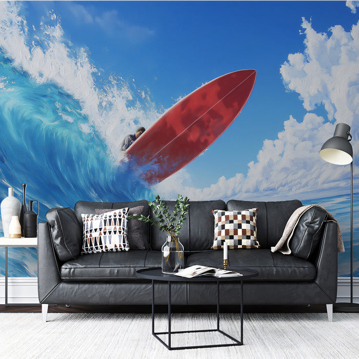 Red Surfboard Wave Crest Mural Wallpaper | High Angle, Bright Blue Sky, Impressionistic Art