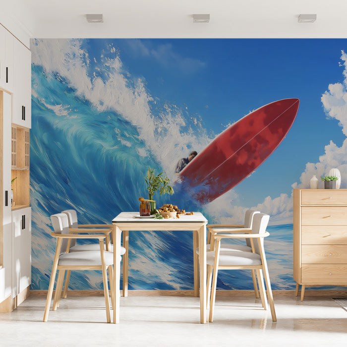 Red Surfboard Wave Crest Mural Wallpaper | High Angle, Bright Blue Sky, Impressionistic Art