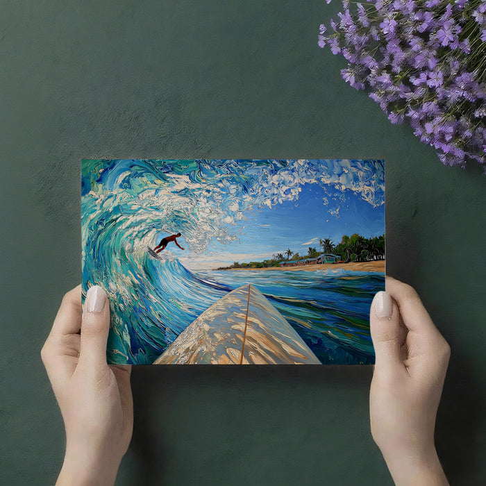 First-Person Perspective Surf Mural Wallpaper | Impasto Turquoise Wave, Beach Foreground, Tropical Vibe