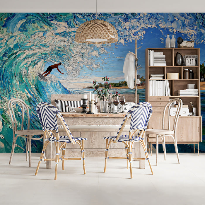 First-Person Perspective Surf Mural Wallpaper | Impasto Turquoise Wave, Beach Foreground, Tropical Vibe