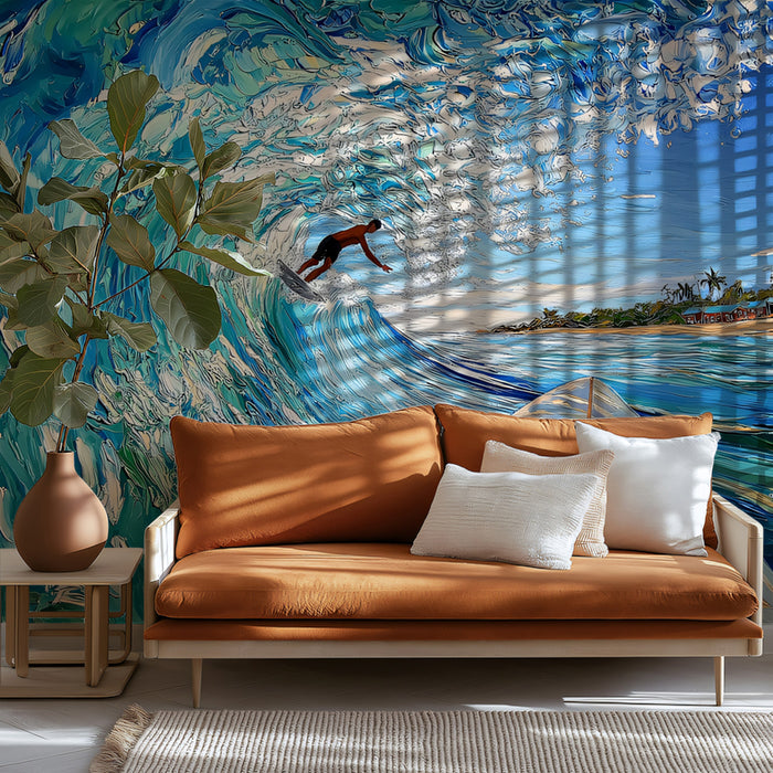 First-Person Perspective Surf Mural Wallpaper | Impasto Turquoise Wave, Beach Foreground, Tropical Vibe