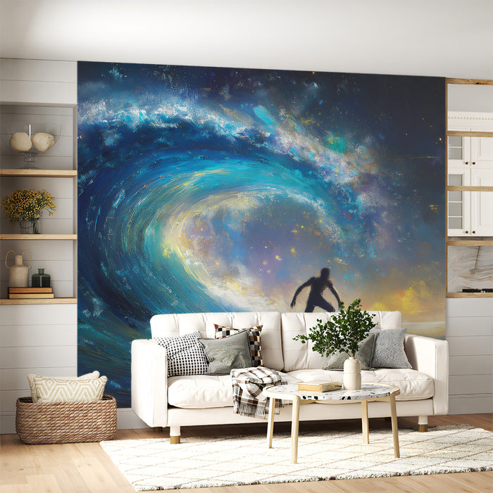 Starry Night Ocean Wave Mural Wallpaper | Cosmic Surf, Blue and Purple Nebula, Impressionist