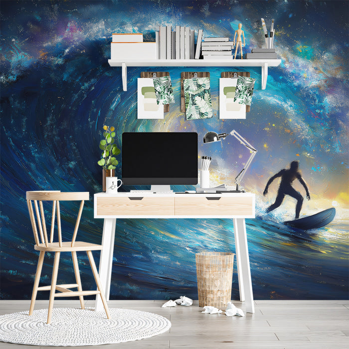Starry Night Ocean Wave Mural Wallpaper | Cosmic Surf, Blue and Purple Nebula, Impressionist