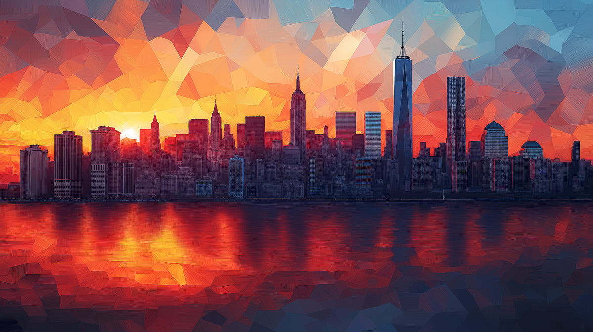 Sunset Cityscape Mural Wallpaper in Living Room | Various Colors (Orange, Red, Blue, etc.) of City