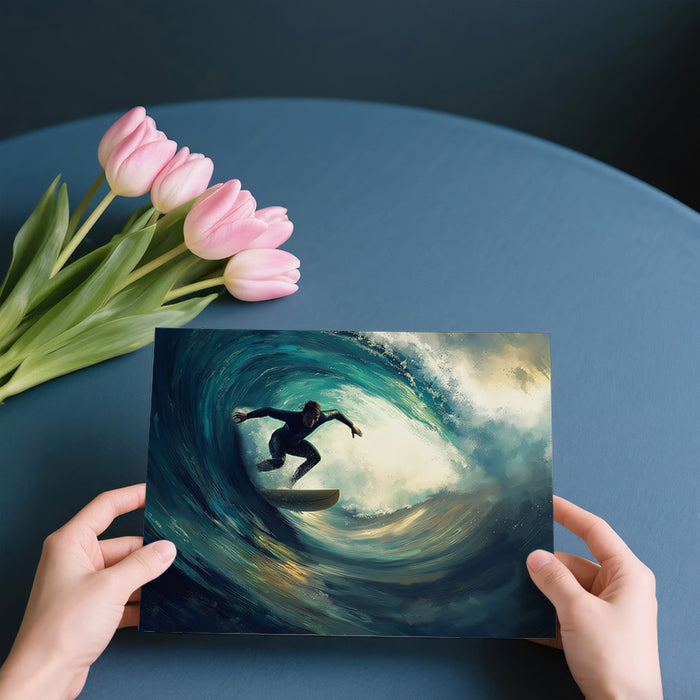 Intense Barrel Wave Surfer Mural Wallpaper | Dark Tonal, Teal and Gold Contrast, Cinematic Focus