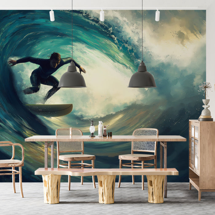 Intense Barrel Wave Surfer Mural Wallpaper | Dark Tonal, Teal and Gold Contrast, Cinematic Focus