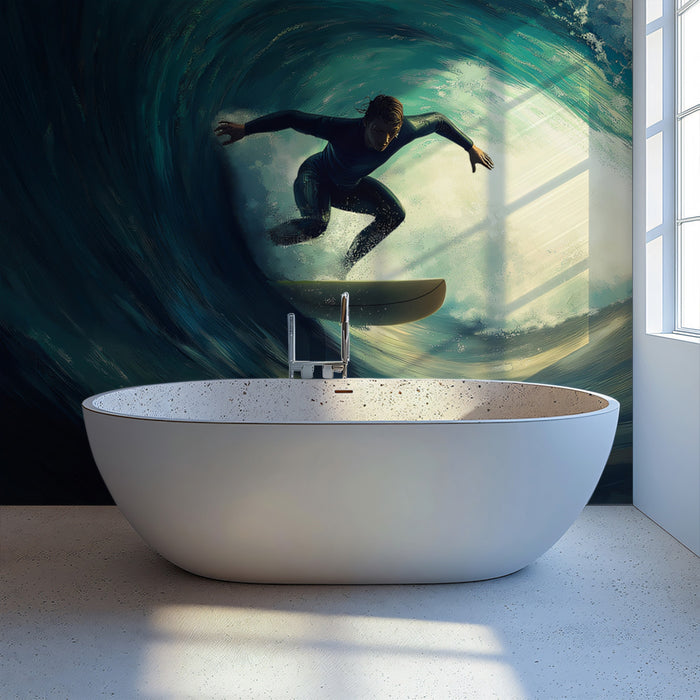 Intense Barrel Wave Surfer Mural Wallpaper | Dark Tonal, Teal and Gold Contrast, Cinematic Focus