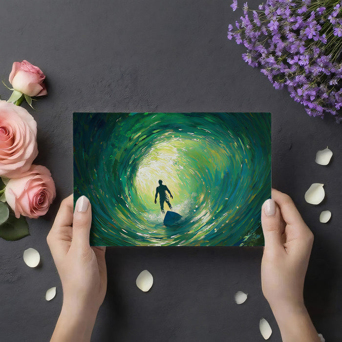 Green Swirling Barrel Wave Mural Wallpaper | Monochrome Green, Impasto Texture, Solo Surfer Silhouette