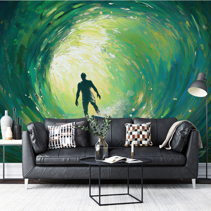 Green Swirling Barrel Wave Mural Wallpaper | Monochrome Green, Impasto Texture, Solo Surfer Silhouette