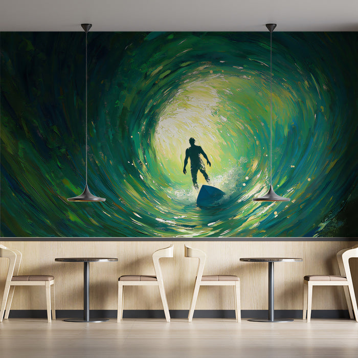 Green Swirling Barrel Wave Mural Wallpaper | Monochrome Green, Impasto Texture, Solo Surfer Silhouette