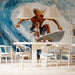 Dining room with a large wall mural of a surfer on a wave.
