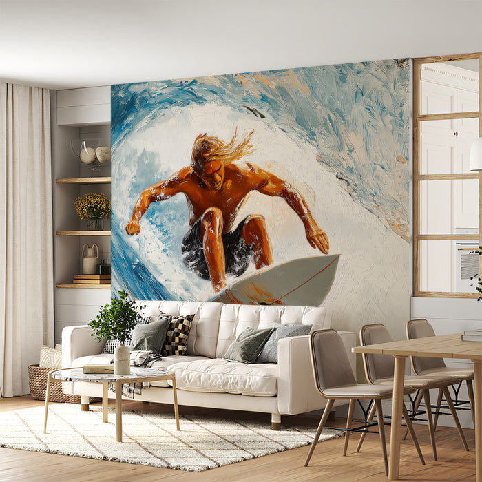 Living room with a large wall mural of a surfer.